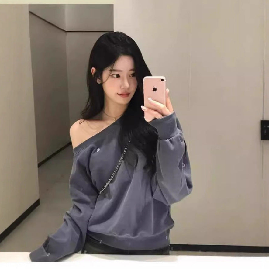 2025 autumn new design off-shoulder, loose neckline, casual sweatshirt top for women