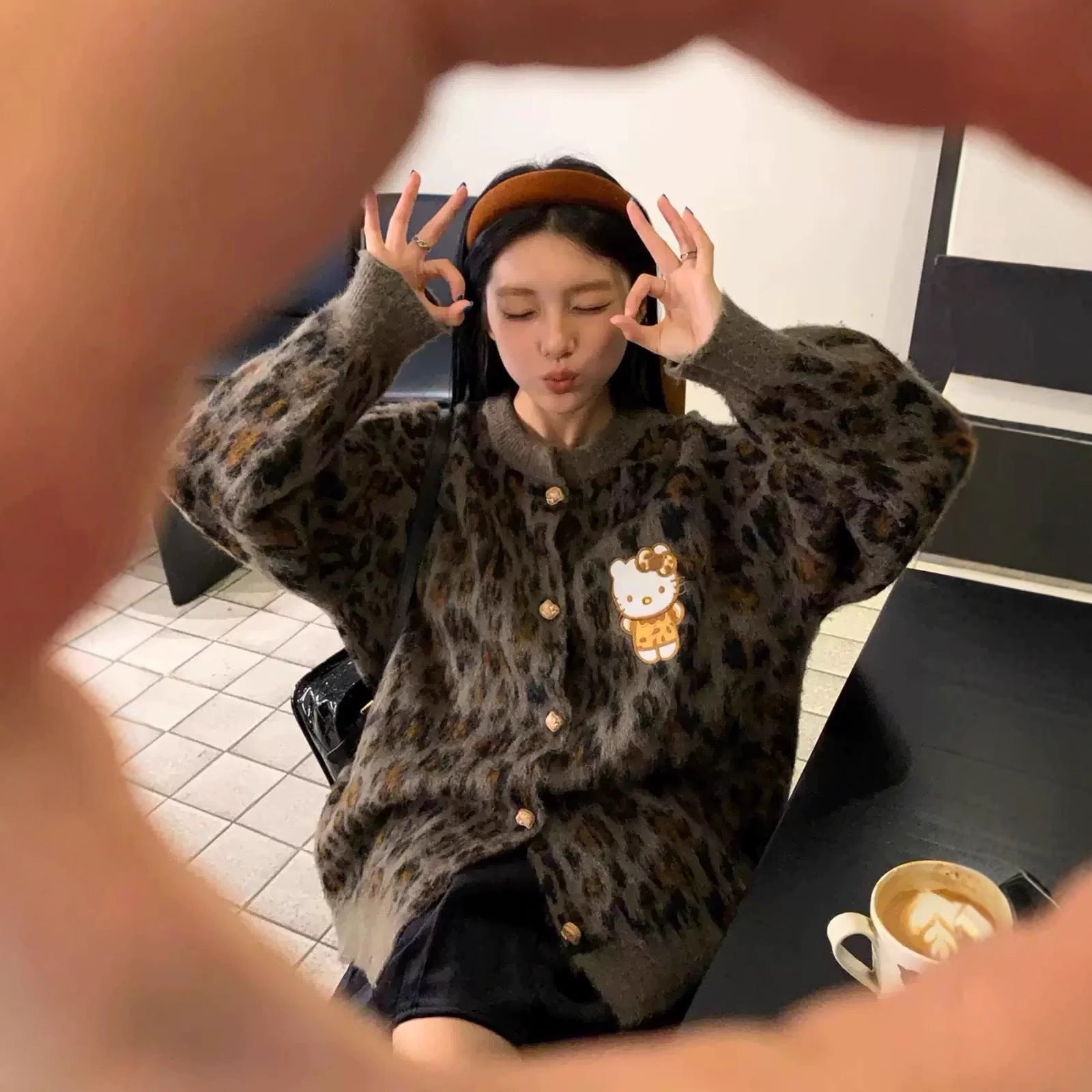 2025 Autumn/Winter Leopard Patchwork Cartoon Embroidered Knit Cardigan – Women's Lazy Style Warm Sweater Jacket