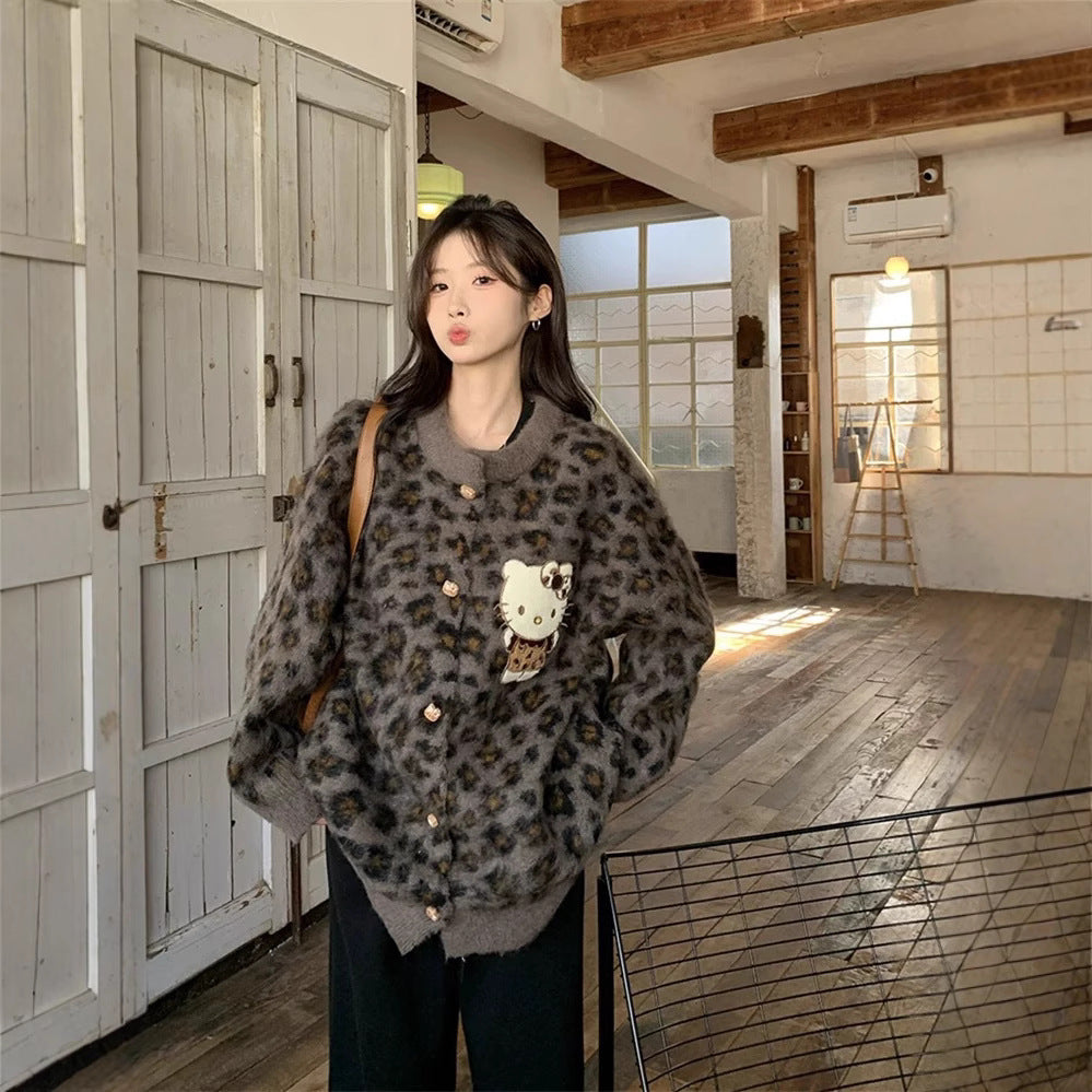 2025 Autumn/Winter Leopard Patchwork Cartoon Embroidered Knit Cardigan – Women's Lazy Style Warm Sweater Jacket
