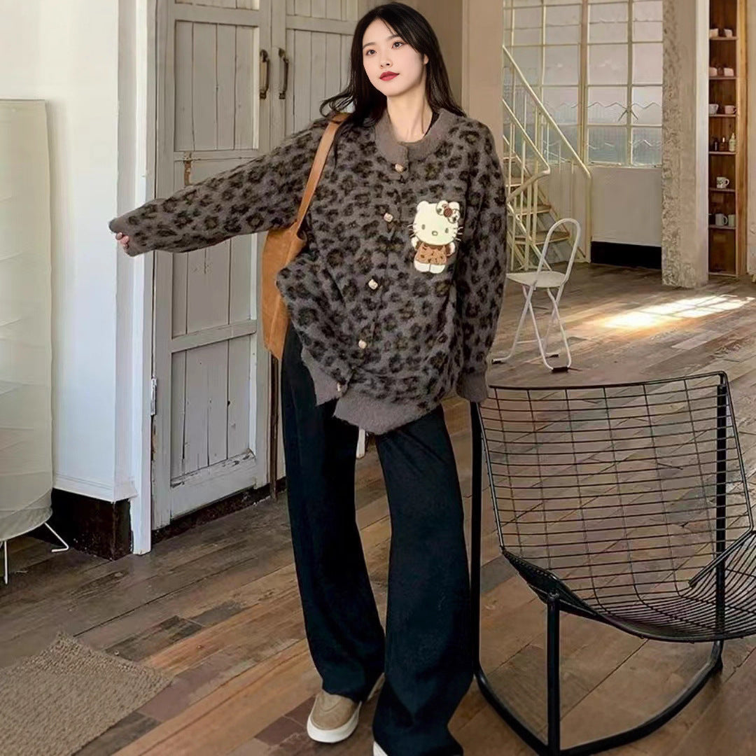 2025 Autumn/Winter Leopard Patchwork Cartoon Embroidered Knit Cardigan – Women's Lazy Style Warm Sweater Jacket