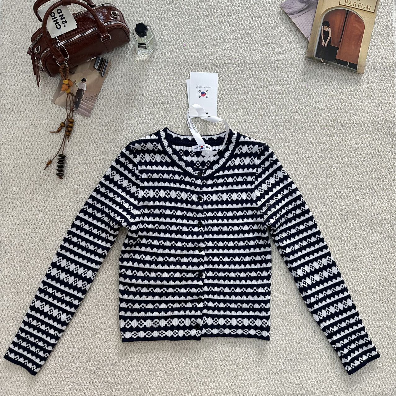 2025 Autumn Korean Designer Striped Knit Cardigan – Women's Elegant Tweed-Inspired Long Sleeve Sweater