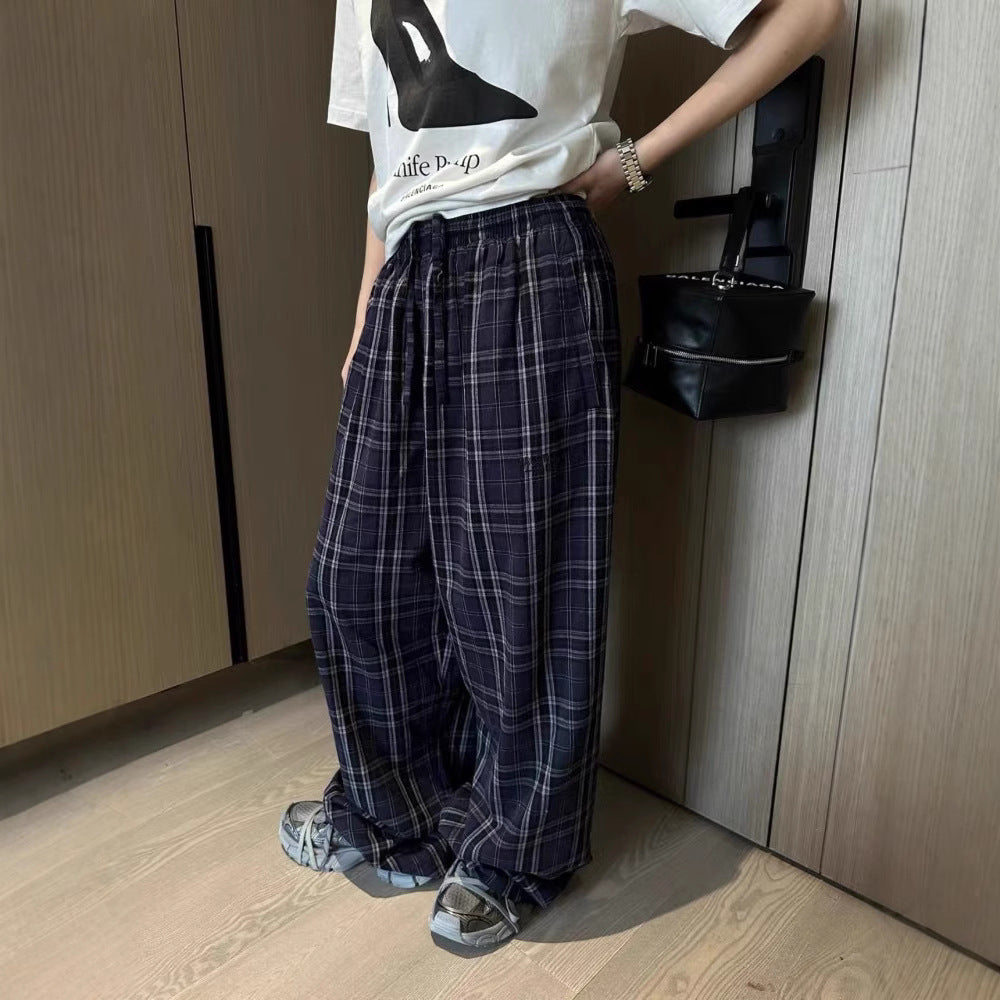 2025 Autumn Paris Retro Plaid Wide-Leg Trousers – Women's Loose Fit Casual Checkered Pants