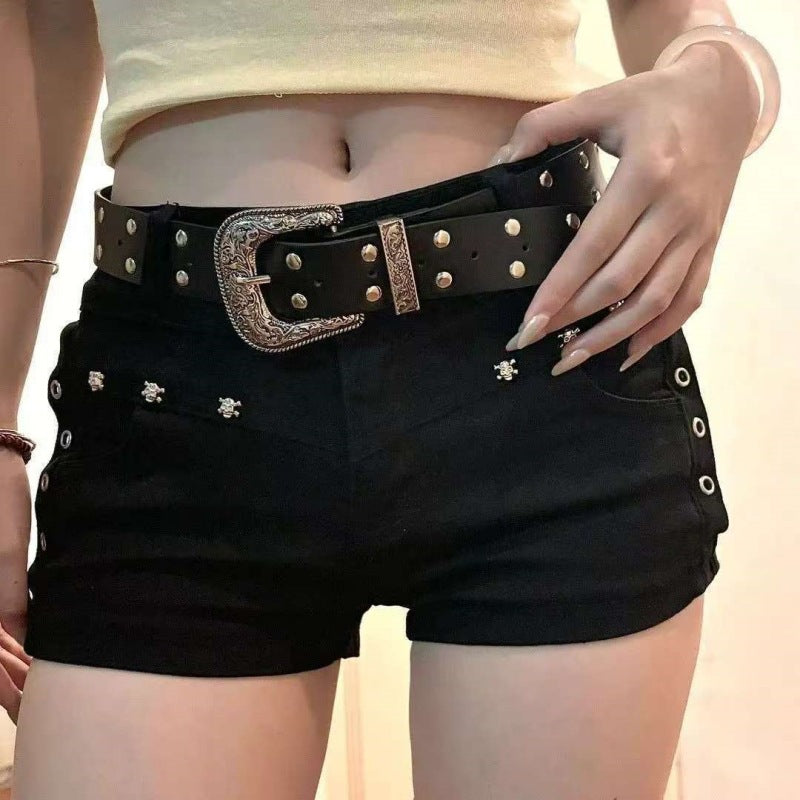 Women's Low-Waist Studded Denim Mini Shorts – Y2K Dark Style Slim Fit Hot Pants