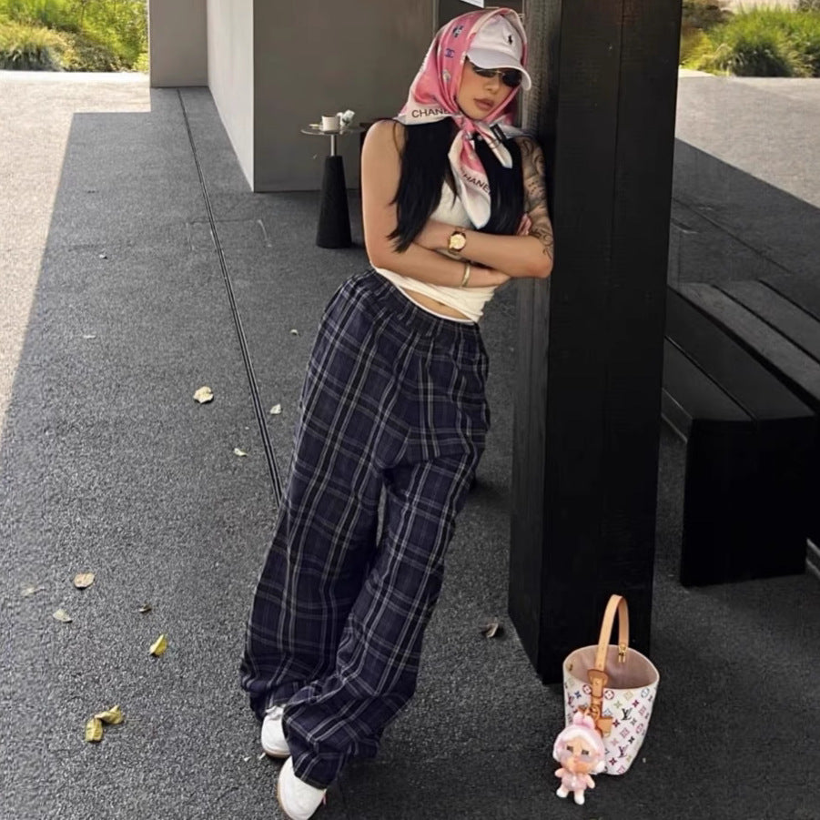 2025 Autumn Paris Retro Plaid Wide-Leg Trousers – Women's Loose Fit Casual Checkered Pants