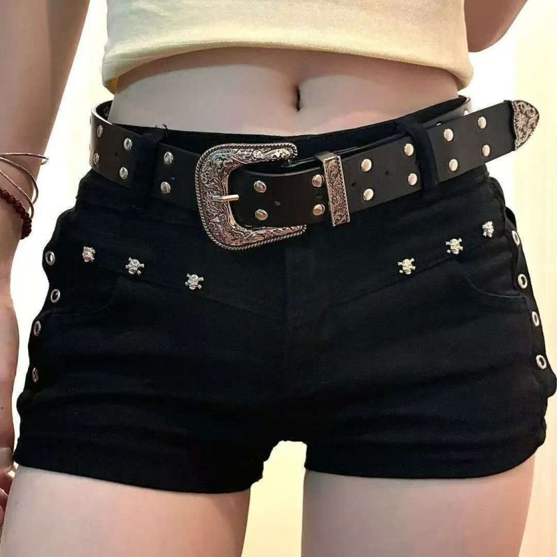 Women's Low-Waist Studded Denim Mini Shorts – Y2K Dark Style Slim Fit Hot Pants