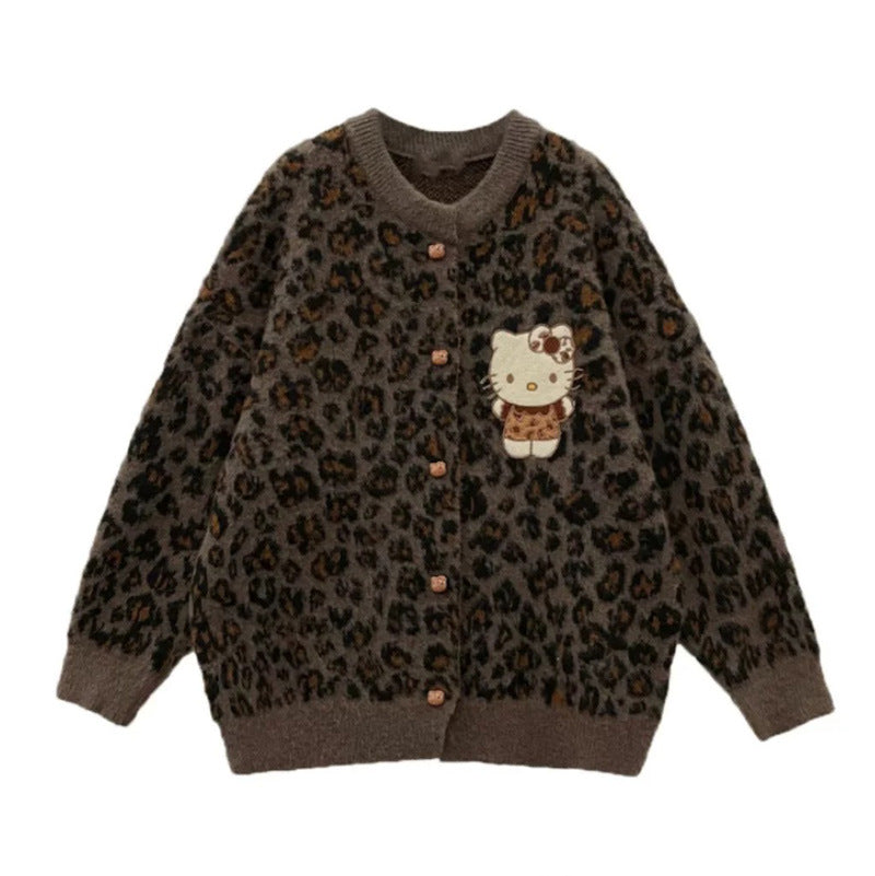 2025 Autumn/Winter Leopard Patchwork Cartoon Embroidered Knit Cardigan – Women's Lazy Style Warm Sweater Jacket