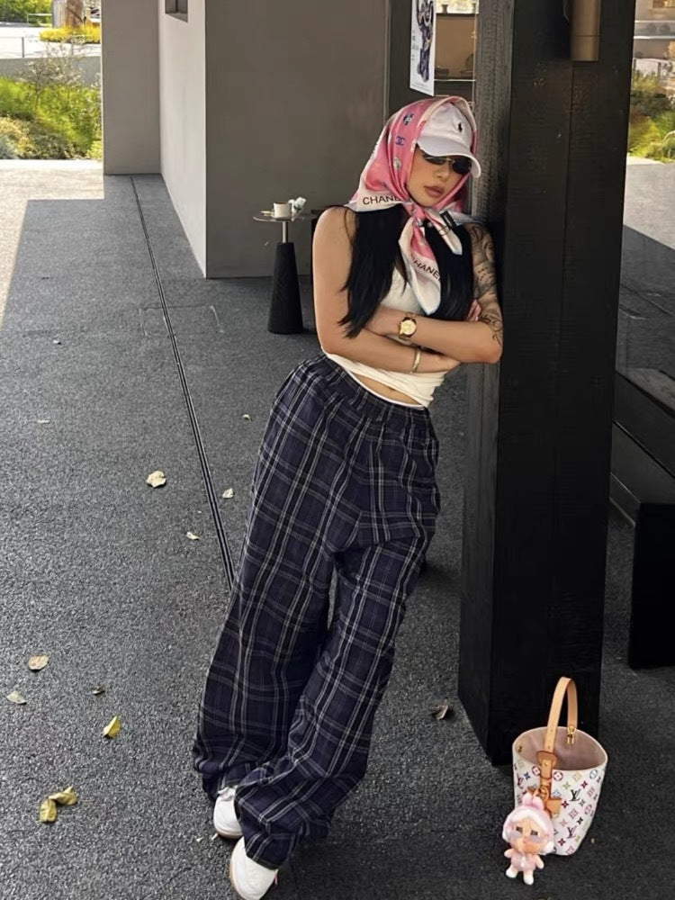 2025 Autumn Paris Retro Plaid Wide-Leg Trousers – Women's Loose Fit Casual Checkered Pants