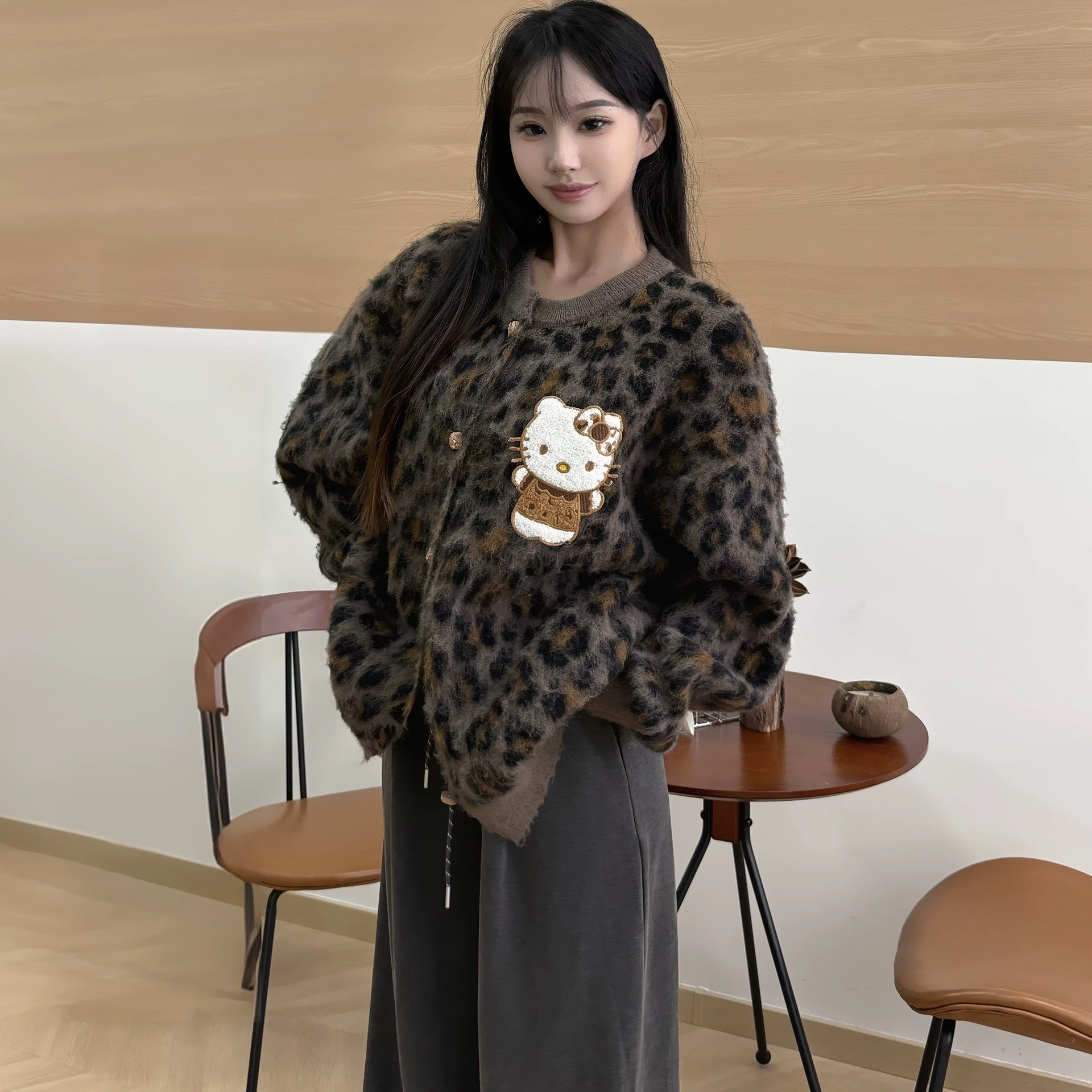 2025 Autumn/Winter Leopard Patchwork Cartoon Embroidered Knit Cardigan – Women's Lazy Style Warm Sweater Jacket