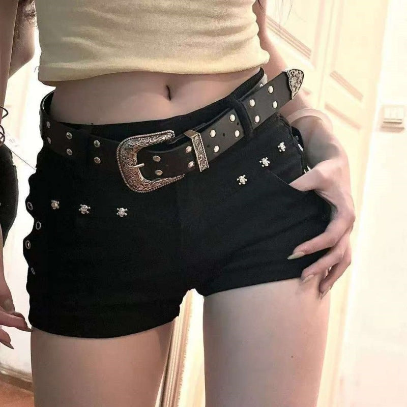 Women's Low-Waist Studded Denim Mini Shorts – Y2K Dark Style Slim Fit Hot Pants